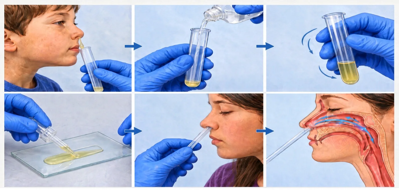 Six-panel diagram of an intranasal modernized variolation procedure: nasal mucus is collected from an ill donor into a tube, hydrogen peroxide is added, the tube is mixed, the treated inoculum is drawn up, then administered into the nose of a recipient, with a cutaway showing it reaching the nasal mucosa.